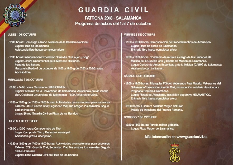 Salamanca acogerá del 1 al 7 de octubre los actos centrales de la patrona de la <a href="/guardiacivil/">Guardia Civil</a>, de carácter nacional.
La subdelegada del Gobierno, el Tte coronel jefe de la Comandancia y el concejal de Seguridad Ciudadana del <a href="/aytoSalamanca/">Ayuntamiento Salamanca</a> han presentado la programación.