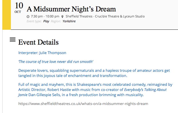 10th Oct 7.30pm #BSLinterpreted Midsummer Night's Dream. @crucibletheatre Full of magic and mayhem, this is Shakespeare’s most celebrated comedy.
 @CastleCommServs @LeedsDeafEd @SheffieldDeaf
 @signiasigning