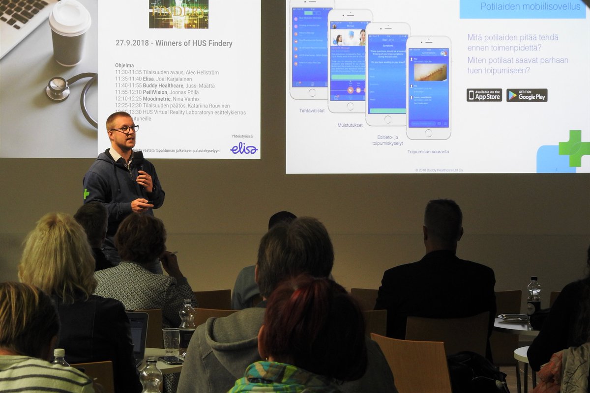 HelsinkiUniMed's tweet photo. Interesting discussions about health-technology start-up life in @terkko with the winners of the @HusStartup Findery competition @JussiMaatta (@BuddyHealthcare), Joonas Pöllä (@PeiliVision) and @NiinaVenho (@Moodmetric). #helsinkihealth
@HealthHelsinki https://t.co/qRQiDlEhOn