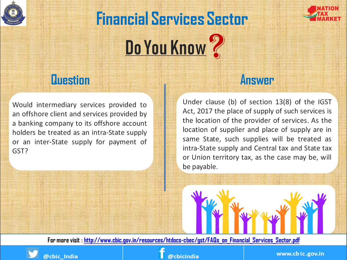 cbic_india's tweet image. Financial Services Sector 
FAQs on GST related issues of Financial Sector

#Banking #Insurance #StockBrokersSector #FAQsFinancialSector