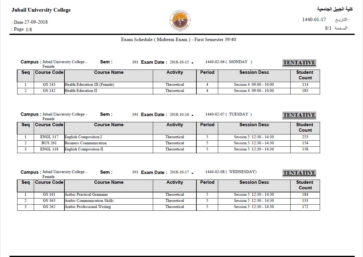 UCJ2006's tweet photo. إعلان لطالبات الكلية- Tentative Midterm Exam Schedule For Semester 391 
ملاحظة: (لطلبات تعديل الجدول نأمل إرسال الطلب من خلال حساب الطالبة في موقع الكلية قبل نهاية الأسبوع الخامس الموافق 4/10/2018).
1⃣-2⃣ https://t.co/sH8L7oI2VT