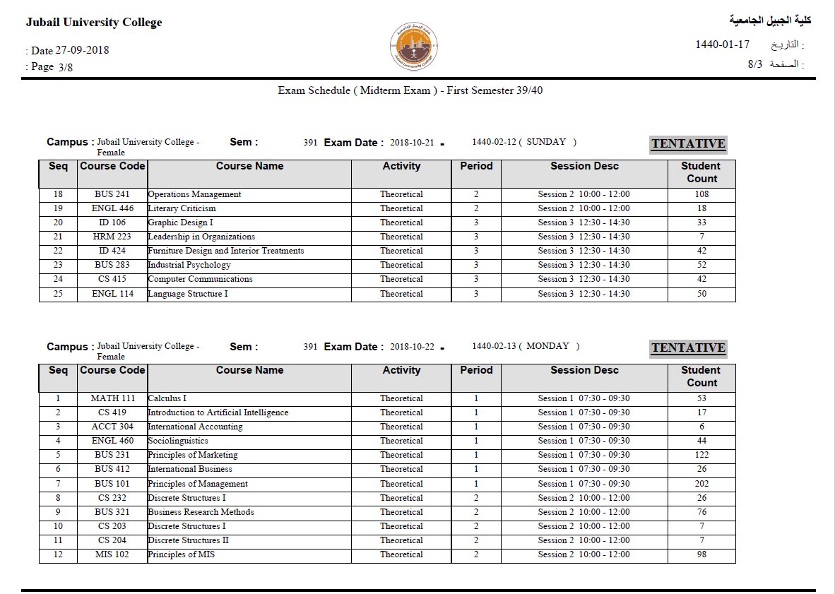 UCJ2006's tweet photo. إعلان لطالبات الكلية- Tentative Midterm Exam Schedule For Semester 391 
ملاحظة: (لطلبات تعديل الجدول نأمل إرسال الطلب من خلال حساب الطالبة في موقع الكلية قبل نهاية الأسبوع الخامس الموافق 4/10/2018).
1⃣-2⃣ https://t.co/sH8L7oI2VT