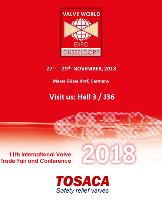 TosacaSA's tweet photo. Tosaca will be present at Valve World Expo 2018.  Come see us: Hall 3 / J36 #safetyvalve #valveworld #valvuladeseguridad #valveworld2018 #SafetyValves #Tosaca #ValvulasDeSeguridad #Germany https://t.co/8ShmVAbbmV