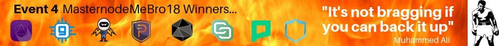 MasternodeL's tweet photo. Congratulations to all Event 4 / #MasternodeMeBro18 winners!!

But... Whats the point of winning a gruelling competition if you can't do a little bragging?

https://t.co/45mKd6DSFK has put up a banner for the next month to do just that!!

#masternode #masternodes https://t.co/3OuREPK0t3