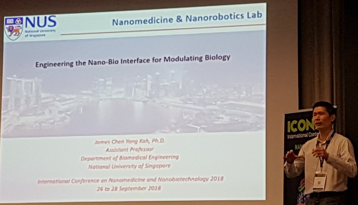 sunnalab's tweet photo. #ICONAN2018. James Kah from @NUSingapore presenting on the #bioengineering of nanoscale interface to biology. Use of #proteincorona nano-bio interface in #drugloading. https://t.co/IvJb5PsZrl