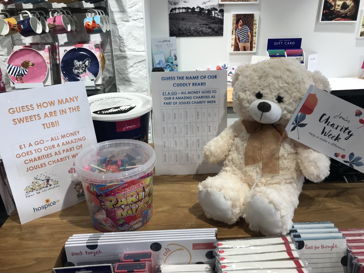 JoulesMonmouth's tweet photo. Why not pop in and treat yourself to a new autumn wardrobe and donate to our amazing 4 charities that we support!! @farmersforaweek @PrincesTrust @hospiceuk #Nuzzlets #guessthenameoftheteddy #howmanysweetsinthetub #JoulesCharityWeek https://t.co/yos35qN1xE