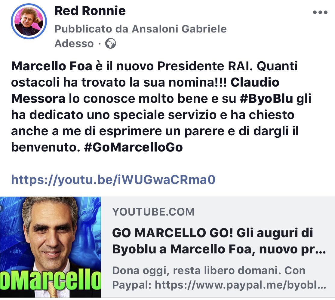 RedRonnie's tweet photo. Dopo tanti freni e ostacoli, @MarcelloFoa è stato nominato Presidente della RAI. Claudio Messora lo conosce molto bene e su @byoblu gli ha dedicato un servizio dove mi ha chiesto di partecipare con un mio parere. #GoMarcelloGo
https://t.co/DtEKBZ1ZMK https://t.co/C9xFWOsNzC