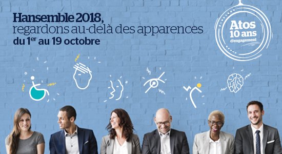 AtosFR's tweet photo. La semaine prochaine, nous relançons l'opération #Hansemble pour nos collaborateurs ! Ces journées annuelles de sensibilisation au #handicap dans 17 sites en France sont un pilier de notre politique #diversité. #RSE #QVT https://t.co/9rU64UxTwt