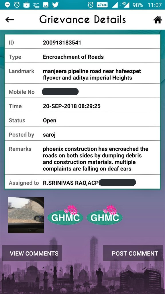 saroj_nd's tweet photo. @CommissionrGHMC @GHMCOnline why create an app which doesn't work. How are issues getting resolved by just assigning? 
Phoenix construction is dumping and spoiling manjeera pipeline road and creating blind spot at our gates. 
Why no action on them even after multiple complaints? https://t.co/3HciLJEdaf