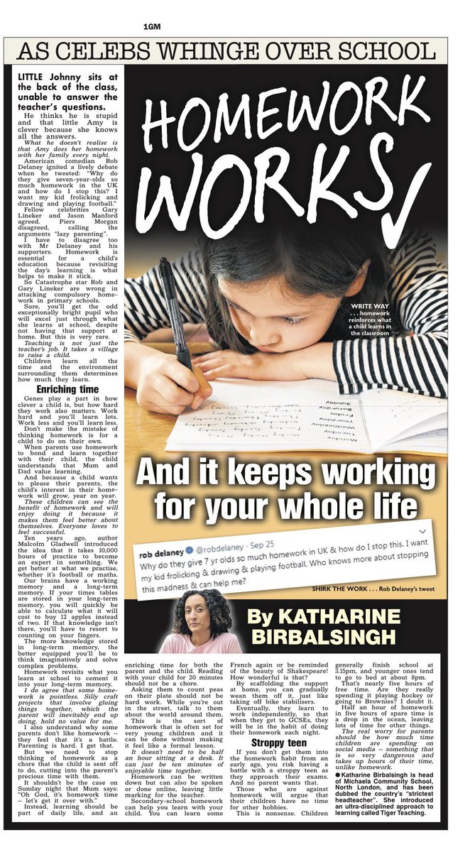 Miss_Snuffy's tweet image. My article in The Sun today on why homework works.