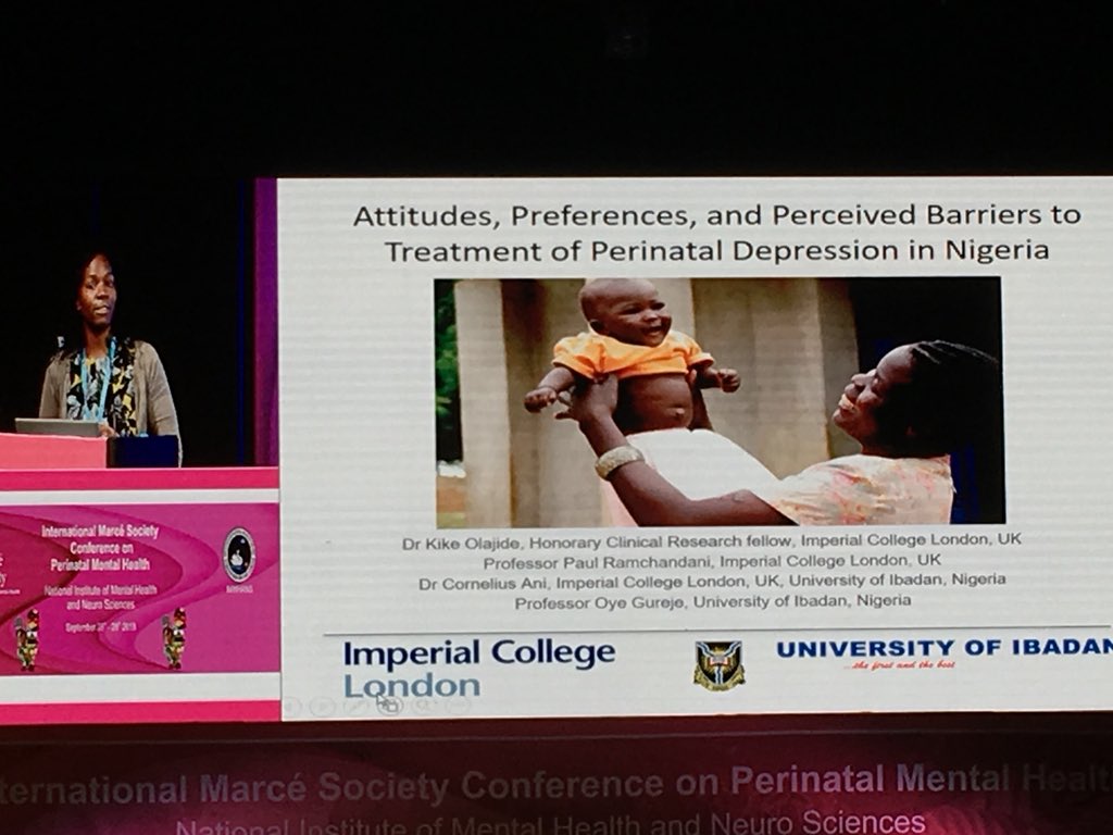 matmentalhealth's tweet photo. Kike Olajide presenting qualitative study of PND in Nigeria: mothers describe the impact of poverty, relationship difficulties and spiritual problems. There is an openness to interventions that take into account these concerns. #marce2018 #AAMMH #GAMMH https://t.co/sLTiZVCI9x
