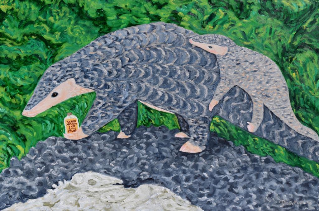 FPangolins's tweet photo. New art :) entitled "Mother's Little Helper" because there are simple pills with the actual curative powers ascribed to the scales for which pangolins are being hunted to extinction. Particularly poignant is the fact that pangolin mothers carry their babies on their tails. https://t.co/M7sv9MdQox