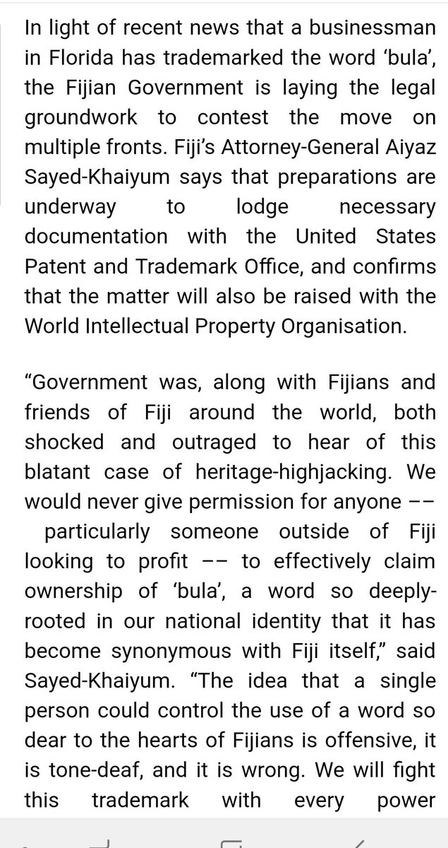 HaliteshDatt's tweet photo. Fijian Government moves to fight 'BULA' Trademark. #Fiji #Bula https://t.co/1KaEiqll6y