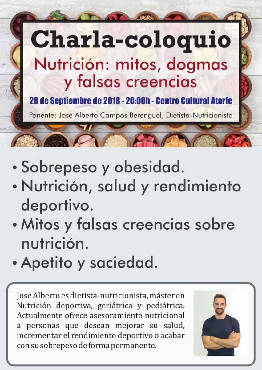Recordamos que mañana viernes tendremos una charla gratuita de nutrición en el centro cultural Medina Elvira de Atarfe a las 20h. Dispondremos de servicio de ludoteca gratuito