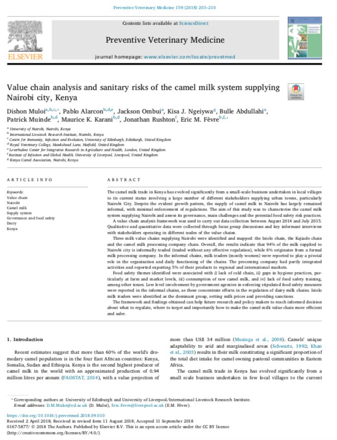 Our latest paper: #ValueChain analysis of the camel milk system supplying Nairobi city, Kenya, #UrbanZoo @The_MRC @ilri @ighliverpool @livunifoodsys @ElsevierVetNews.  Great work with @dishonmuloi @karanimaurice @PaalloPablo @p_muinde @ericfevre etal