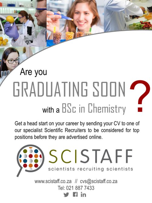 SciStaff_SA's tweet photo. Are you graduating soon? 
Then get a head start and send in your CV to cvs@scistaff.co.za
#JobAdviceSA #hireagraduate #NewGraduate #Chemistry #FoodScience #biology #jobhunting #JobSeekersSA #hire #CV https://t.co/DNaobl4IkQ