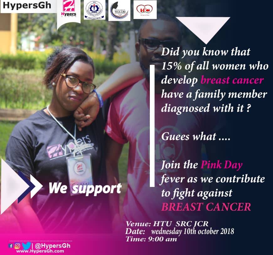 Healthcastgh's tweet photo. Did you know that 15% of women who develop breast cancer have a family member diagnosed with it?
Join the #pinkday fever in the fight against breast cancer!
#pinkday
#HTUWOCOM
#HTUSRC
#HCGH
#TTBC
#BreastCancerAwareness https://t.co/PQu5tL4sKf