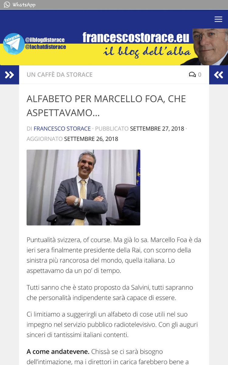 marisaLaDestra's tweet photo. #27sett Bgiorno con il caffè da.@Storace✍#editoriale da leggere dla A alla Z🔝
ALFABETO PER #MARCELLOFOA,CHE ASPETTAVAMO…[Puntualità svizzera,of course. Ma già lo sa.#Foa èda ieri sera finalmente pres.#Rai]Ha vinto la libera info.#Salvini ha voluto così
➡Via #ilblogdiStorace📌 https://t.co/HdOclDgw48