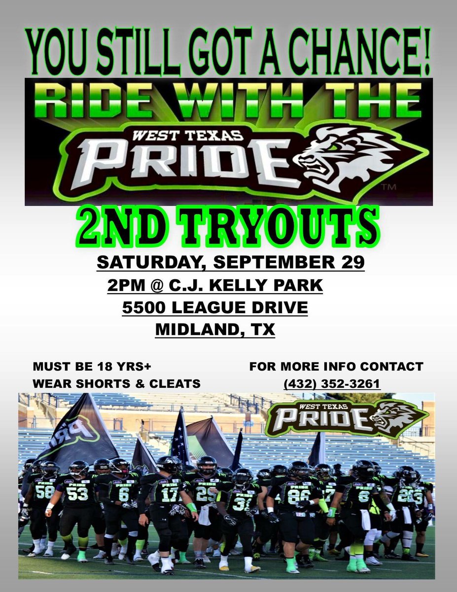 WTPRIDE's tweet photo. Still got a chance to TRYOUT! Come on out! 🏈 #RideWithThePride https://t.co/iLWawMKlHE