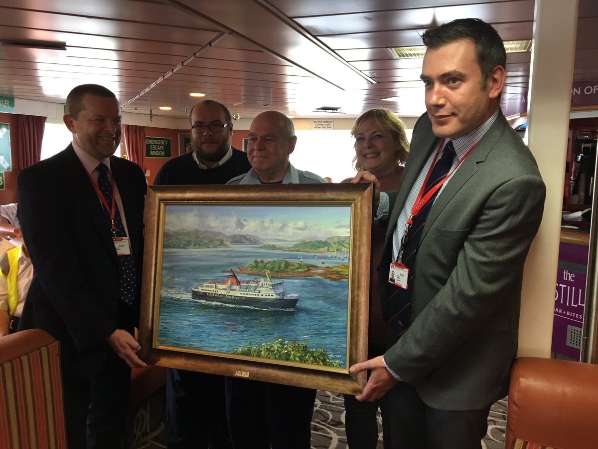 DavidCalMac's tweet photo. Delighted to present an original painting of MV Isle of Mull to Willie Howe on his 70th birthday. 50 years in CalMac and 30 years on the vessel. Fantastic servant of the company and his community. https://t.co/Mur2kRgnHT