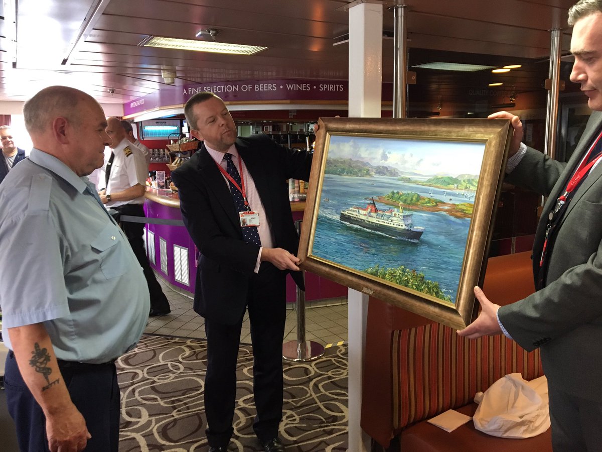 DavidCalMac's tweet photo. Delighted to present an original painting of MV Isle of Mull to Willie Howe on his 70th birthday. 50 years in CalMac and 30 years on the vessel. Fantastic servant of the company and his community. https://t.co/Mur2kRgnHT