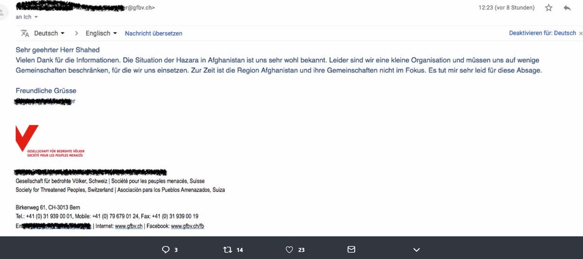 AAlizada2016's tweet photo. @gfbv_ch has written to a question that they know very good the situation of Hazaras in Afghanistan. But they can not focus on this region,cuz they are a little organization. NotBigENOUGH.
A little association that can't write about an ethnic minority!
Shame on u!
#justice4hazara https://t.co/Q64kw8WQXD