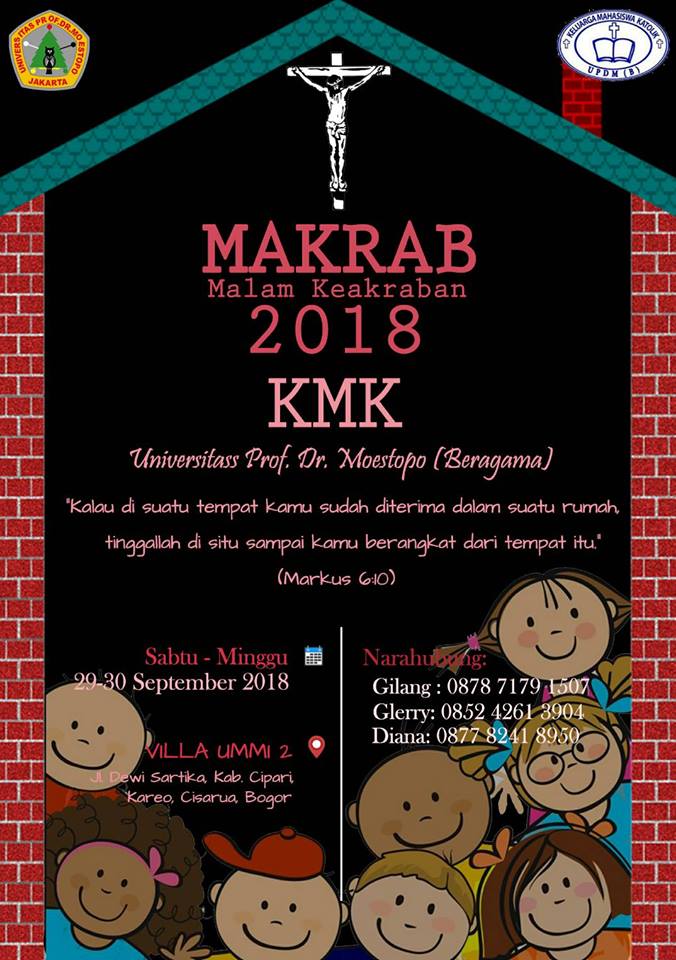 Syalom,
Kami dari panitia makrab 2018 KMK Moestopo mengundang kakak2 &amp; tmn2 utk bergabung dlm acara makrab yg akan dilaksanakan pada:
tgl: 29-30 september 2018
Tempat: Villa Ummi 2
yuks kak biar kenal sama keluarga baru 2018 
Ditunggu yahkak kehadirannya!
CP:
Gilang: 087871791507