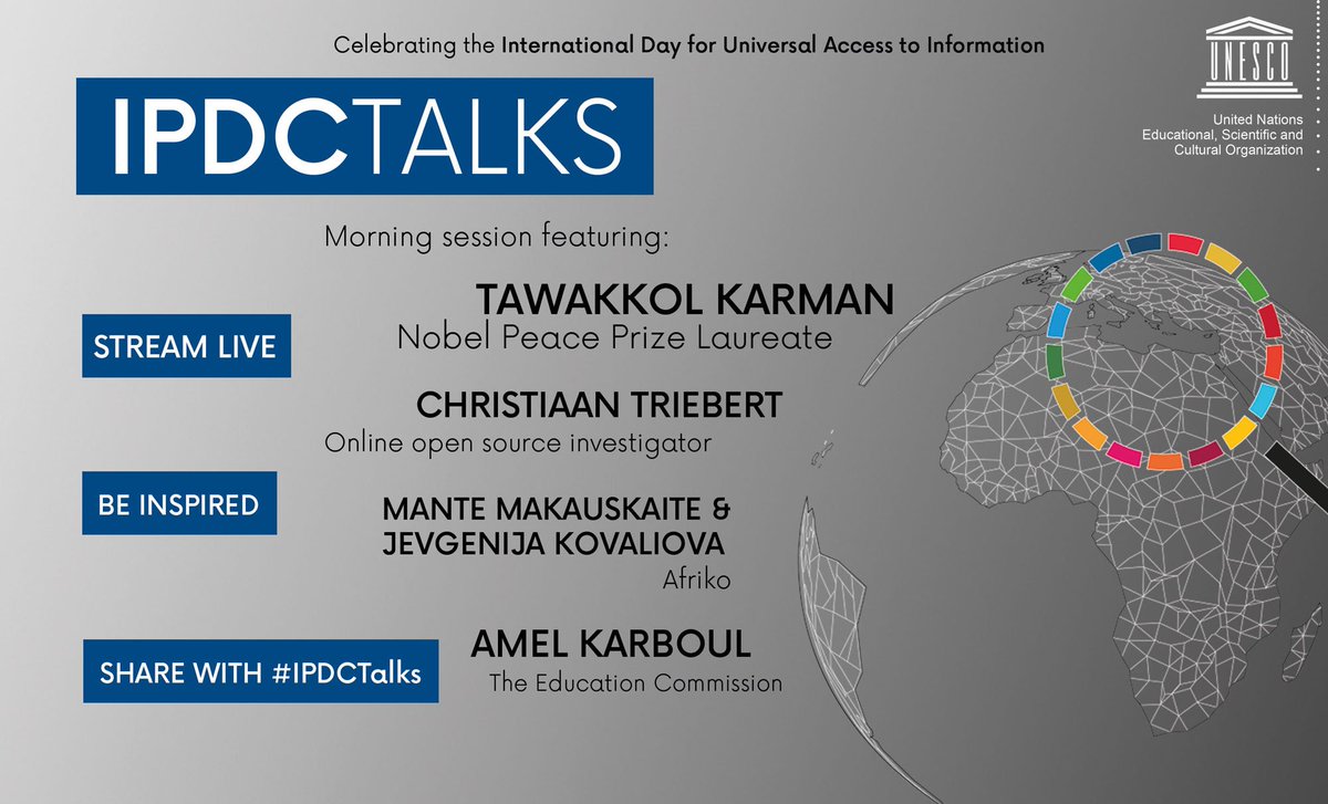 UNESCO's tweet image. Watch LIVE in 1h ⏱️: #IPDCtalks is about to begin!

Stream all these inspiring talks about #AccesstoInfo via @AljazeeraDoc &amp;amp;amp; join the conversation with #IPDCtalks.

Let’s celebrate the #RightToKnow!

Follow @UNESCOnow for live tweets

📺 en.unesco.org/ipdc-talks-2018