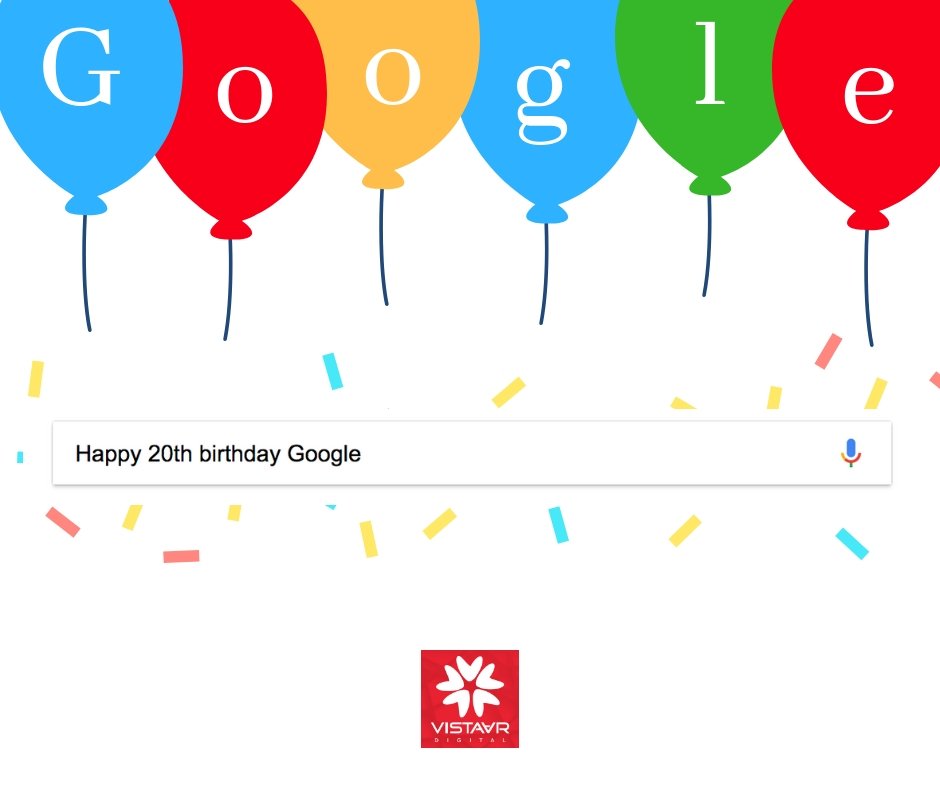 VistaarDigital's tweet photo. Hey Google, Happy Birthday!
"Thanks! It was a good one", replied Google Home blissfully.

#vistaardigital #happy20birthday #Doodle4Google #20YearsOfSearch. https://t.co/qKLDF3KA5U