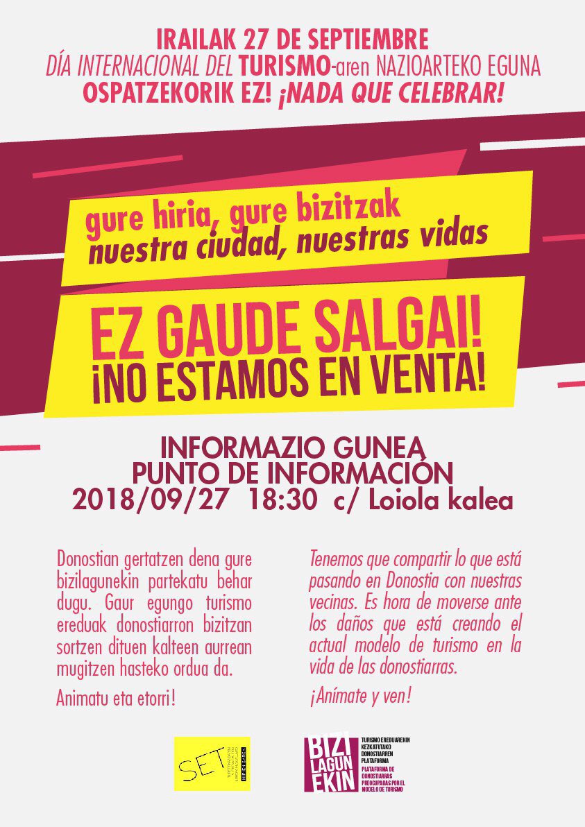 BiziLagunEkin's tweet photo. Hoy no tenemos nada que celbrar. Por ello en Donostia hemos quedado a las 18:30 en el centro para visibilizar como afecta el turistificacion en nuentra ciudad. #SETred #REDTouristification #EzGaraTuristakDonostian https://t.co/mmLqjgGOVx