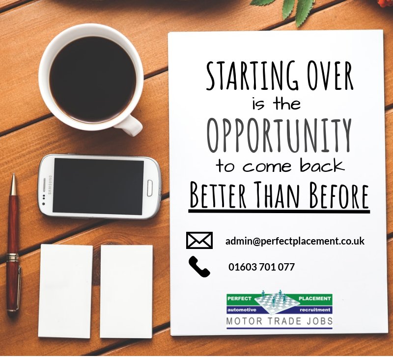 MotorTradeJobs's tweet photo. 'Starting Over is the Opportunity to come back better before'
As the Leading #Automotive #Recruitment #Specialist, we can help with finding your #dream #MotorTrade New #Job. 
Please get in touch with us on 01603 701077 or admin@perfectplacement.co.uk
#ThursdayThoughts https://t.co/VfzUG8e83R