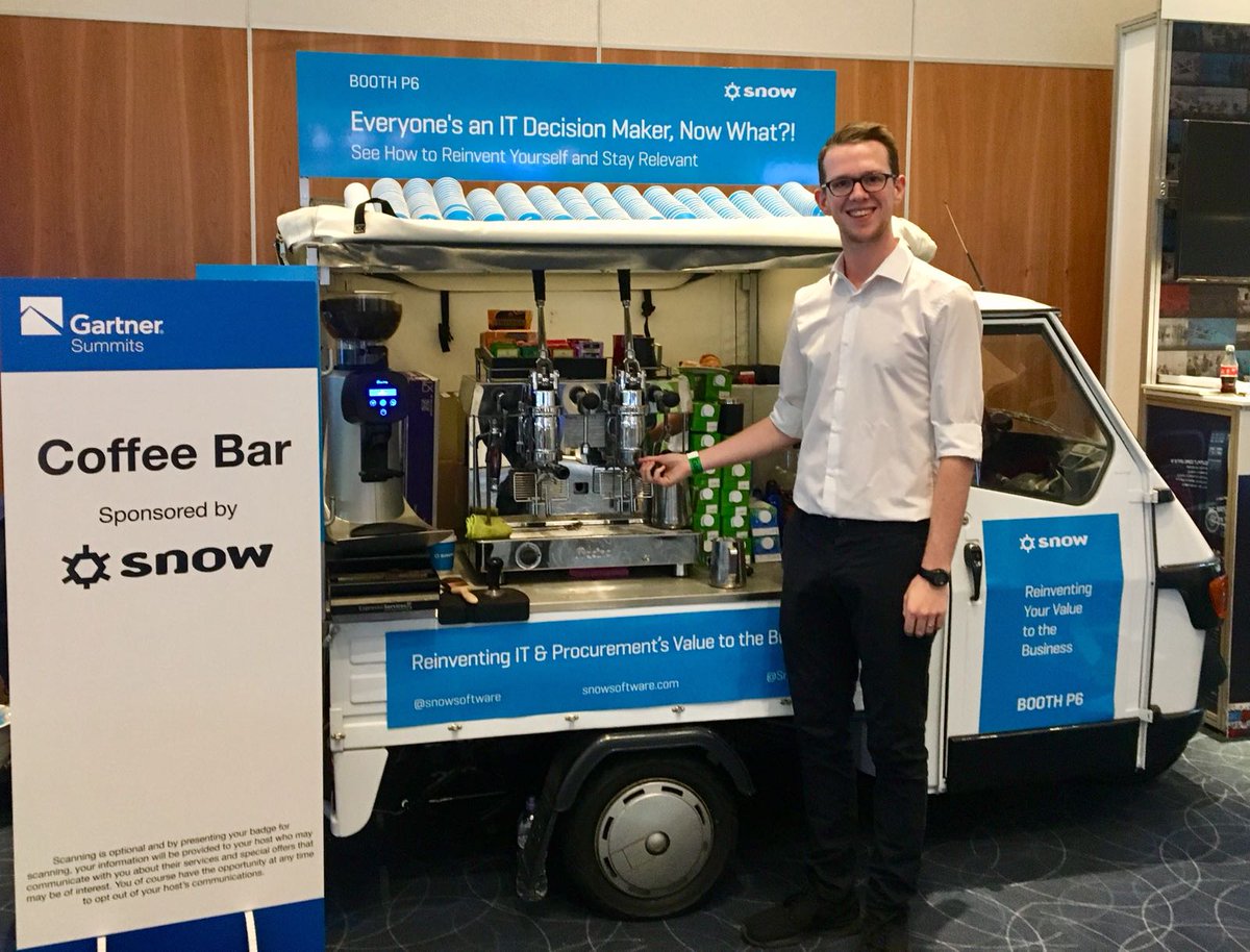 SnowSoftware's tweet photo. Get your morning latte at the Snow coffee cart &amp; find out how to reinvent your value to the business.  #GartnerITSV, booth P6. https://t.co/3dD949uYMF