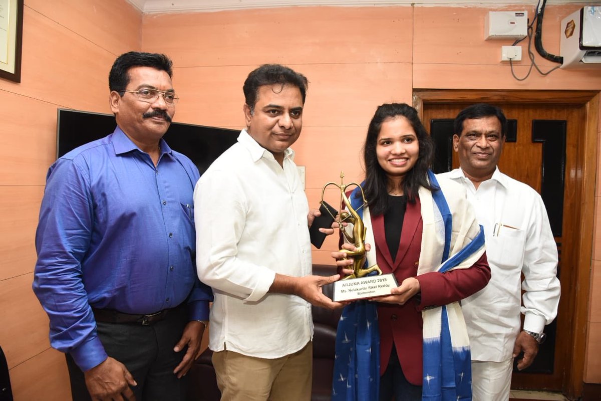MinisterKTR's tweet photo. Minister @KTRTRS felicitated Arjuna Award winner @sikkireddy in Hyderabad today. Venkateshwar Reddy, Chairman, Sports Authority of Telangana State (SATS) was also present. https://t.co/W9YLj1bnB5