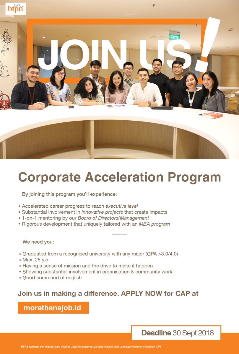 ITBCareerCenter's tweet photo. Bank Tabungan Pensiunan Nasional is OPENING #vcancy as Corporate Acceleration Program (CAP) #3 with graduate degree of any major >> https://t.co/cqGcwhXotg DEADLINE: 31 Oct https://t.co/Qz2V3rLm0b