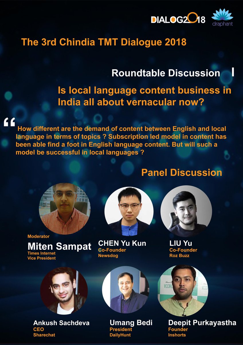 entrackr's tweet photo. #ChindiaTMTDialogue2018
Join our Speakers @miten @AnkushSach @Umang_Bedi @d_BIT for Roundtable Discussion: Is content business in india all about vernacular?
#CrossBorderLearning #Cultural #fusion #technology https://t.co/hByJ67gKMY