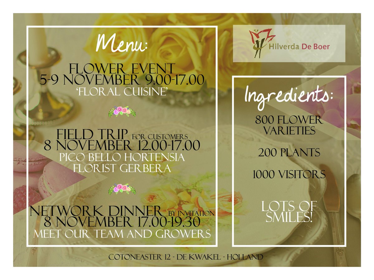 hilverdadeboer's tweet photo. What's on the Menu during our Flower Event this year? More info: https://t.co/V9fPMKmApS #Flowers #plants #FlowerEvent #FloralCuisine See you in November! https://t.co/DHFjGy8waW