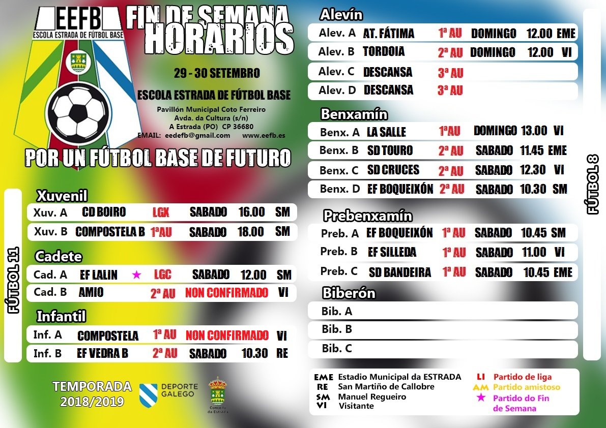 EESTRADAFB's tweet photo. Á espera de saber que acontece nos campos de Santiago, estos son os horarios dos nosos no fin de semana no que o fútbol 8 comeza.

Sorte a tod@s e a pasalo en grande.

#eefb #futbolbase https://t.co/gUD0biG8EM