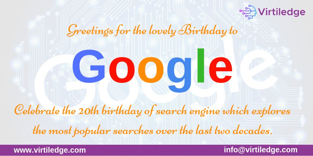 virtiledge's tweet photo. #Happy #Birthday #Google! Celebrate the #20th birthday of #Search #Engine which explores the most popular #searches over the last two decades.
Visit Us - https://t.co/Kgp29dODN2
#virtiledge #googlebirthday #google20birthday #happybirthdaygoogle #searchengine #googledoodle https://t.co/gu0GAwDcpX