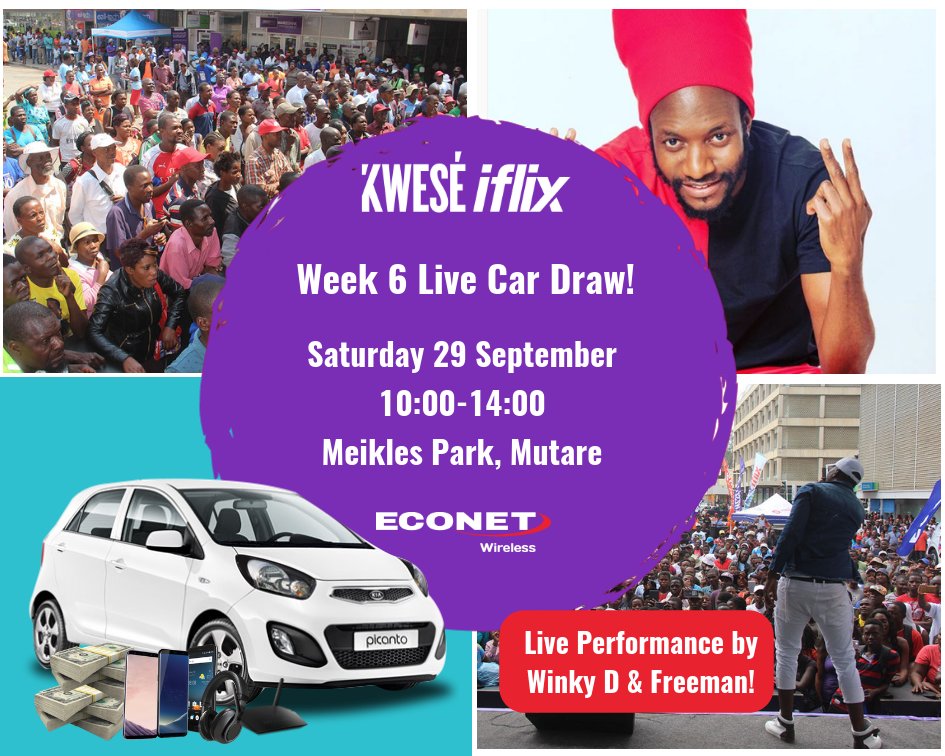 econetzimbabwe's tweet photo. This Saturday all roads lead to #Mutare 🎉🎶💃

Join us for the #MillionDollarPromo Week 6 Live Car Draw! 

You could be the next winner of a brand new car! 🚗

Sat 29 Sept 
Meikles Park, Mutare 
10:00 - 14:00

Live Performance by #WinkyD &amp; #Freeman 🎤

FREE ENTRY! https://t.co/IOgWG8rImc