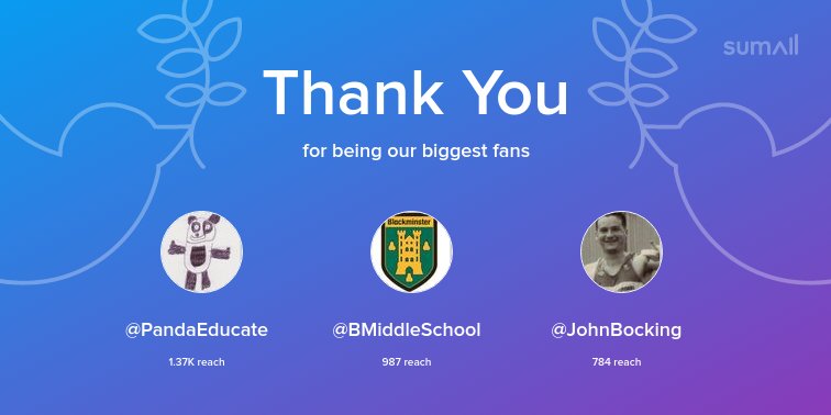 Our biggest fans this week: @PandaEducate, <a href="/BMiddleSchool/">Blackminster Middle</a>, <a href="/JohnBocking/">John Bocking</a>. Thank you! via sumall.com/thankyou?utm_s…