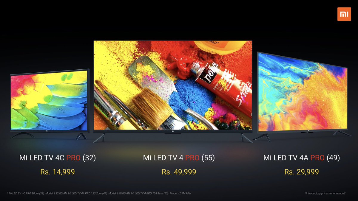 XiaomiIndia's tweet photo. #MiTV prices:
Mi LED TV 4 Pro (55) - Rs. 49,999
Mi LED TV 4A Pro (49) - Rs. 29,999
Mi LED TV 4C Pro (32) - Rs. 14,999
RT if you love these upgrades and stand a chance to win F-codes.
#SmarterLiving https://t.co/vjMnxLnxkf