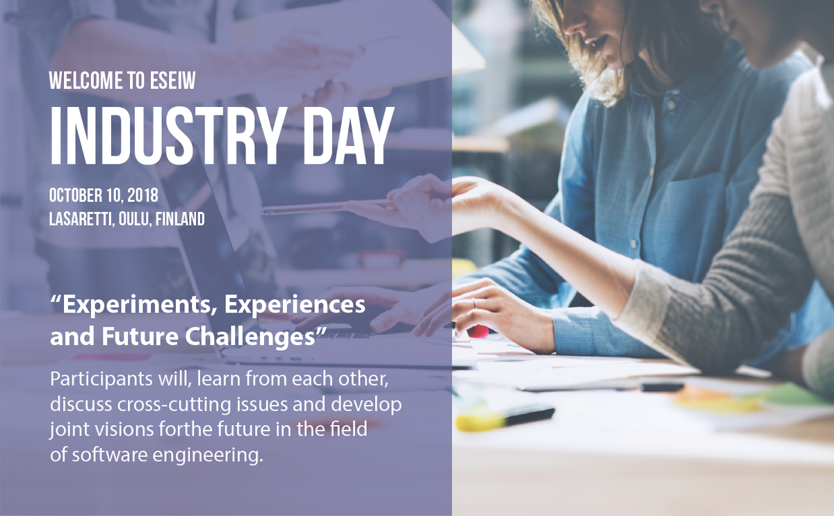 See you in Industry day at #ESEM_conf, in #oulunkaupunki 10th October. 
More detailed program available eseiw2018.wixsite.com/industryday 
Interesting topics from #FSecure , #SolitaOy , #SofteamGroup , #Siemens and #Bittium. e.g. #QRapids highlighted