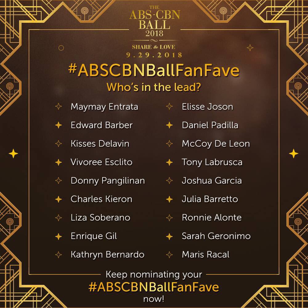 StarCinema's tweet photo. As of September 27: We present to you, the updated list of the TOP 20 nominees! Keep supporting your fave artist! Send in your tweets using #ABSCBNBallFanFave<space>name of the star! #ABSCBNBallShareTheLove https://t.co/SrdA9qUY1R