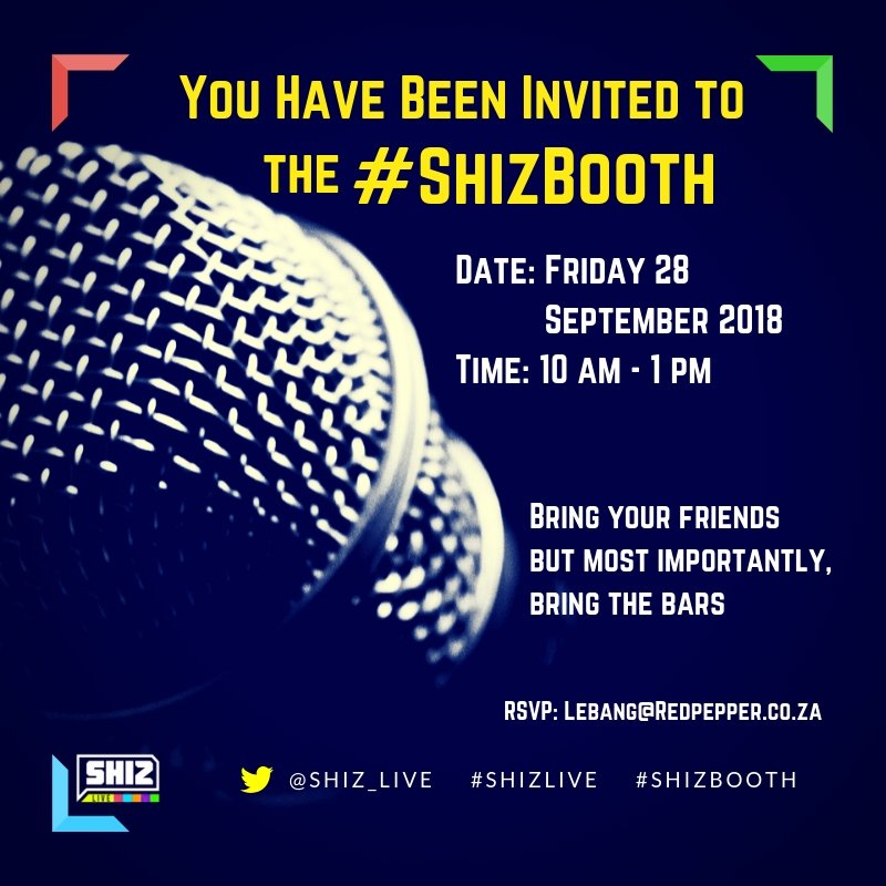 Shiz_Live's tweet photo. Yo, email lebang@redpepper.co.za if you'd like to secure your spot for tomorrow!
#ShizBooth
#ShizLive https://t.co/CQdrdzPNbY