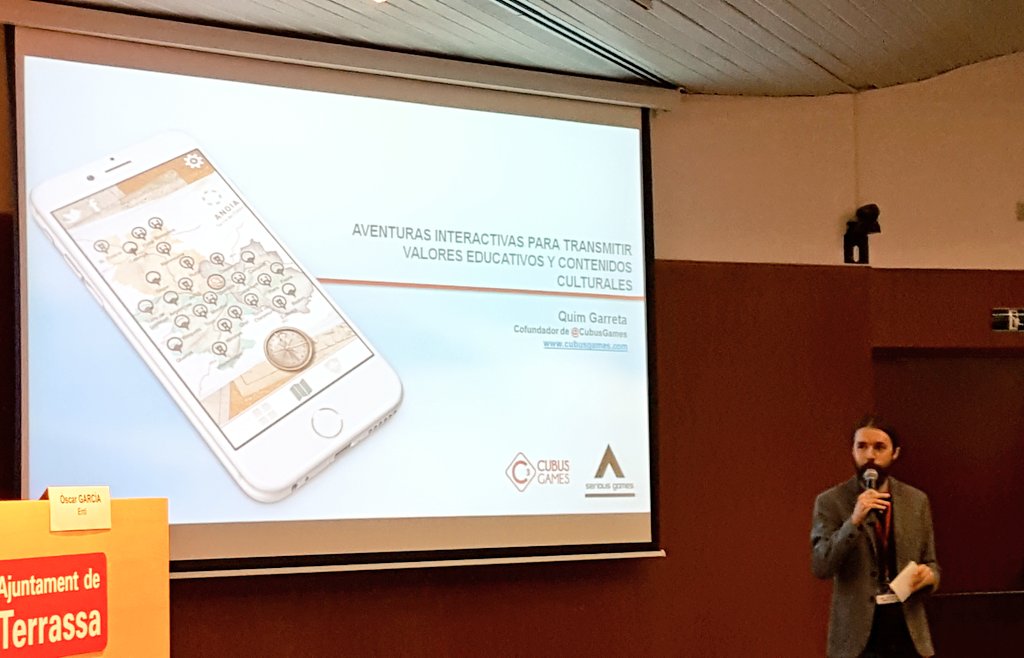 trsinnovacio's tweet photo. #SeriousGamesCamp #Terrassa | @QuimGarreta de @CubusGames explica la creació d’aventures interactives per transmetre valors educatius i continguts culturals. https://t.co/fVZtYGTXXP
