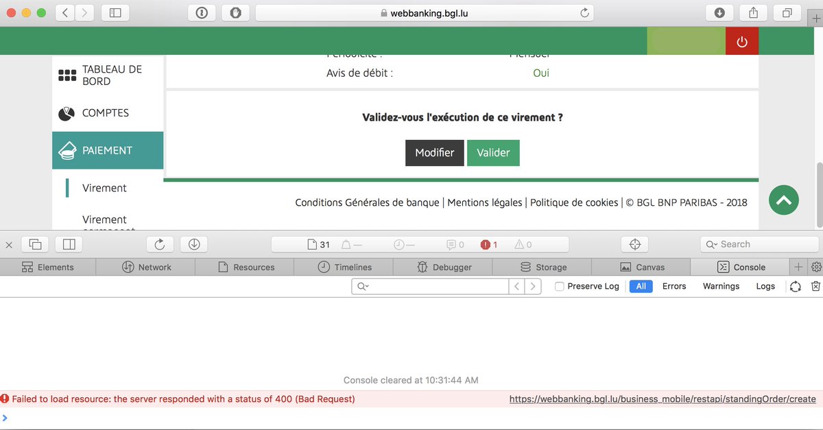 TibbP's tweet photo. Quand tu es obligé d'utiliser la console d'erreur de ton browser parce que ta banque @BGLBNPParibas n'est pas capable de t'afficher ses propres erreurs 👍 Pas grave, il ne s'agit que de mon argent... https://t.co/pu68lzUrN8