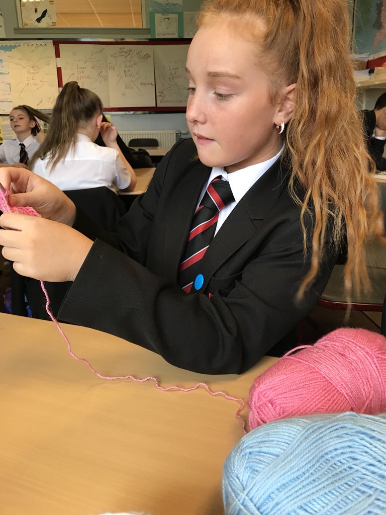 DHSWiderAch's tweet photo. S1 WA pupils learning how to crochet with Ms Bells Mum! #SkillsForLife #concentrationskills #followinginstructions @drumchapelhigh https://t.co/U8hVOzfj4G
