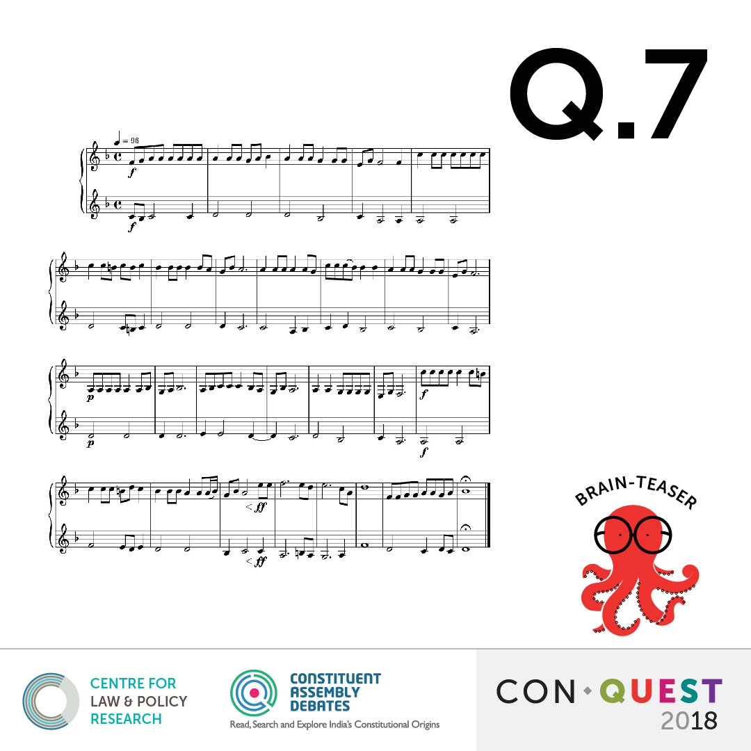 CLPRtrust's tweet photo. ConQuest Teaser Question: 7
Do you know answer to this question?
This musical notation shown here was composed by Margaret Cousins an Irish-Indian educationist, suffragist and Theosophist, who also established the All India Women's Conference.
What is this for?
#ConQuest2018 https://t.co/RcmLNT8JGj