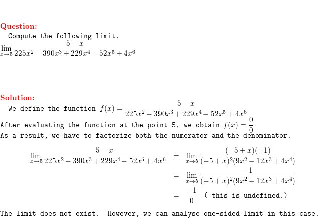 CalculusHelper's tweet photo. Compute the limit of (5 -x)/(225x^2 -390x^3 + 229x^4 -52x^5 + 4x^6) at the point x=5 https://t.co/DZXYUDMcr2 #calculus #math https://t.co/fqvICr2sxJ