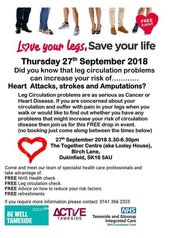 Its TODAY!!
come along if you have any concerns about leg circulation & cramp when walking. 
@TGCCG @tandgicft @BeWellTameside @active_tameside @CirculationFDN
#tameside #vascularawarnessmonth #circulationchecks #feet #cramping #heartattack #stroke #cvdrisk